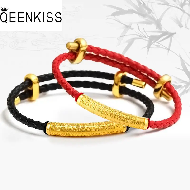 

QEENKISS 24KT Gold XINJING Bracelet For Lovers Couple Praying Leather Bracelet Fine Wholesale Jewelry Wedding Party Gift BT5287