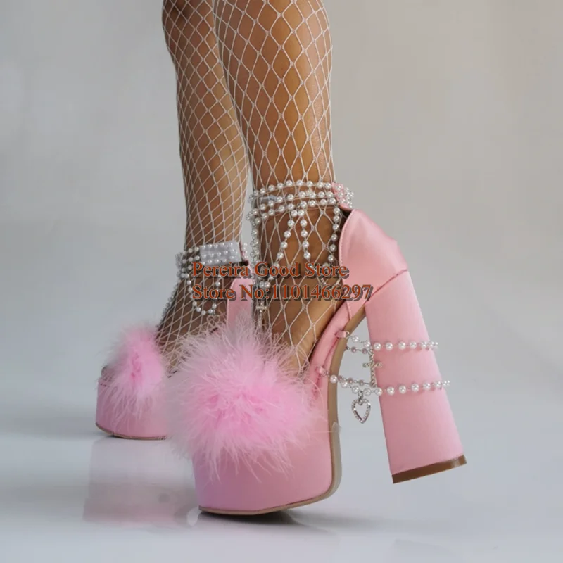 Sweet Fur Open Toe Chunky Heels Sandals White Pearls Chain Strap Open Toe Formal Dress Shoes Pink Leather PU Lady Footwears