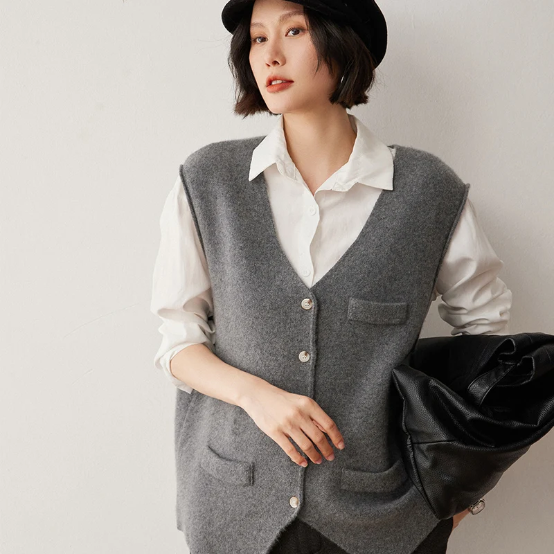 Autumn Winter Women Vest 100% Cashmere Sweater Cardigan Ladies V-Neck Sleeveless Knitted Cardigans Casual Tank Tops Spring