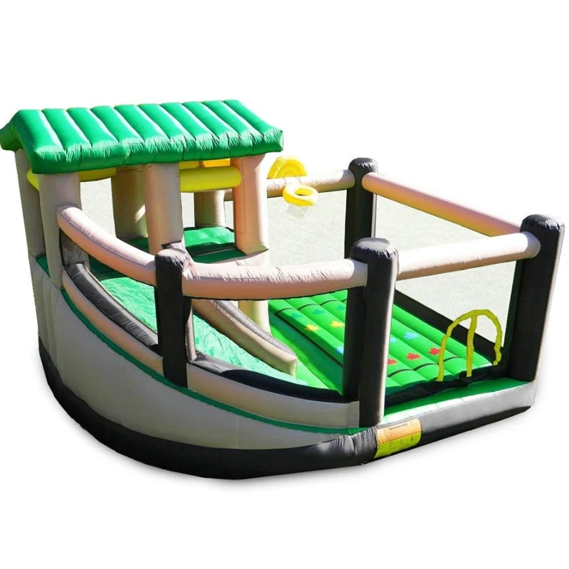 

All Sport Recreational Kids Bounce House with climbing wall basketball soccer shot curved slide & twist & tangle game