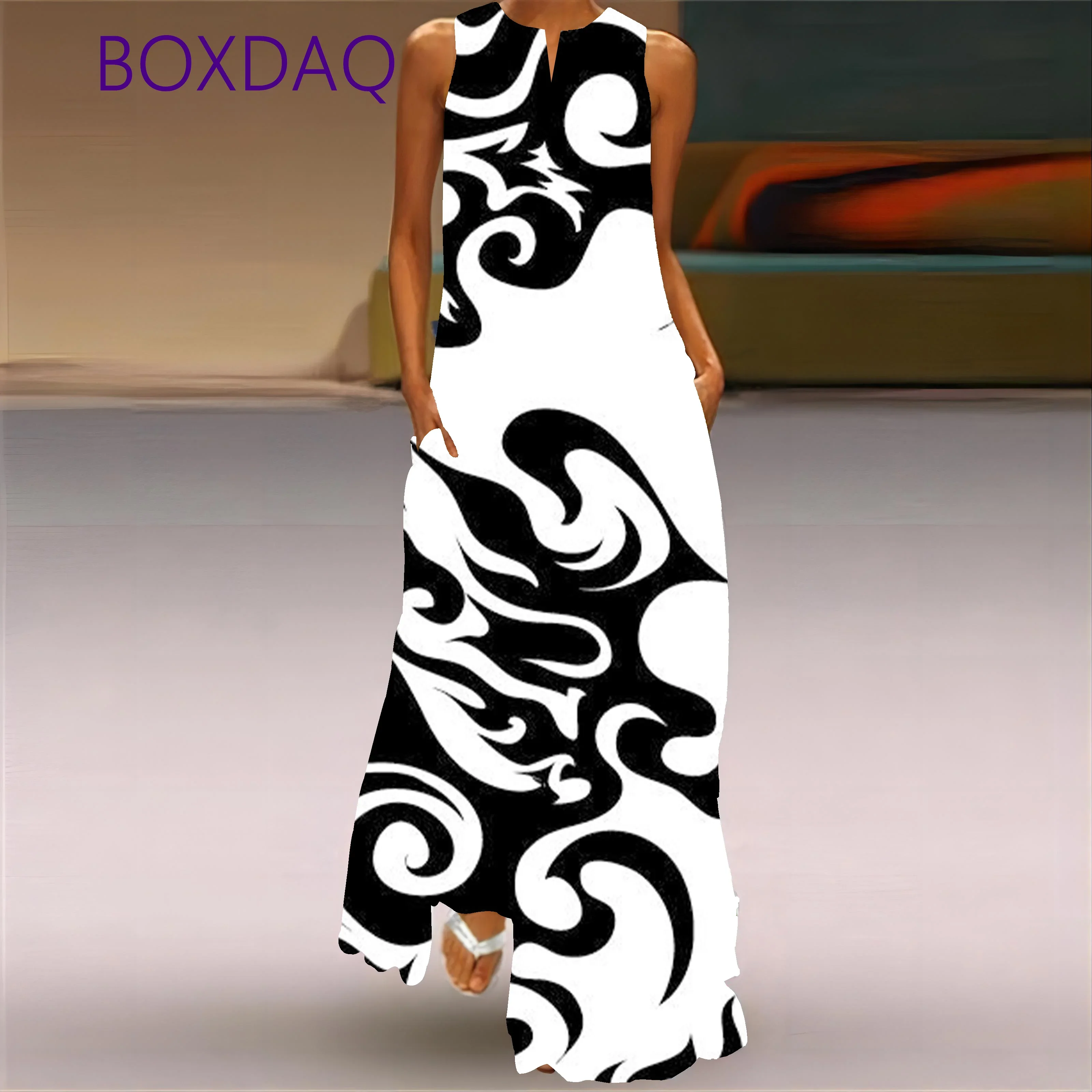 

Абстрактное черно-белое полосатое длинное платье с принтом для женщин, сексуальное свободное повседневное платье макси без рукавов с v-образным вырезом 2026, летнее винтажное платье