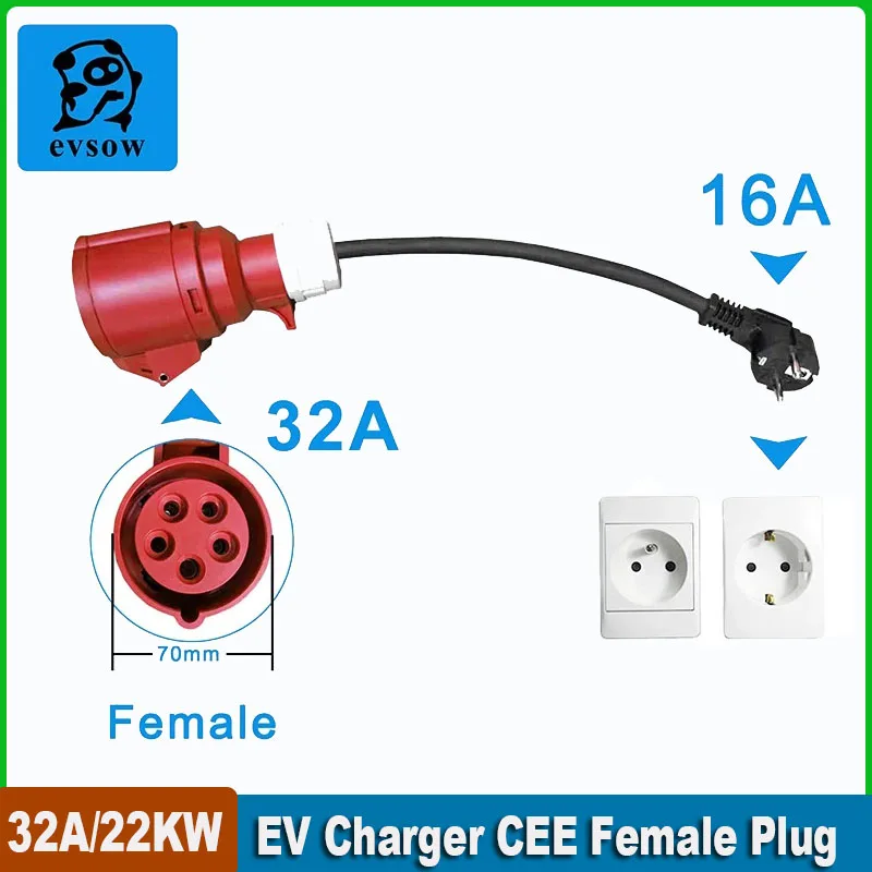 

evsow EV Charger Schuko Plug To CEE Red Power Female Plug 5 Pins Socket Adapter Connect with 32A 3 Phase 22KW Portable Charger