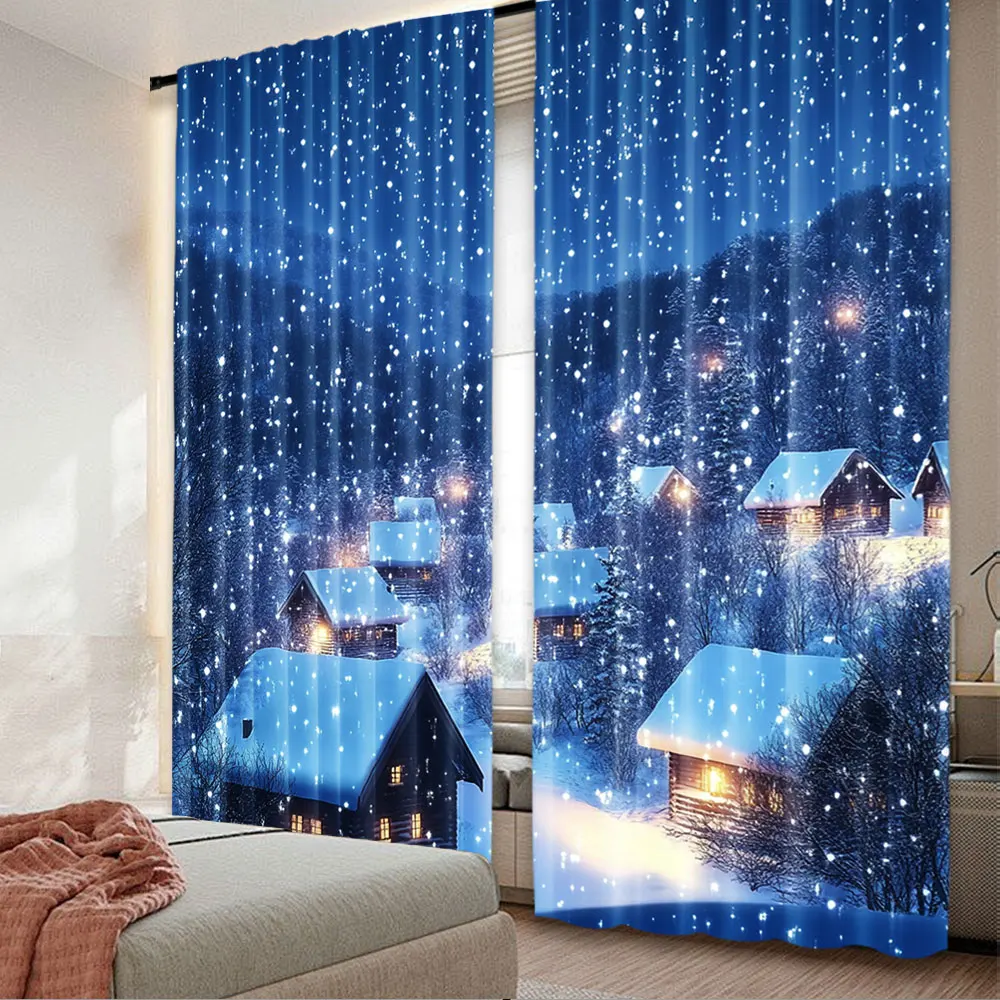 2Pcs Winter Christmas Village Curtain Blue Night Sky Snow Scene Snowfall Fir Trees Forest For Living Room Bedroom A