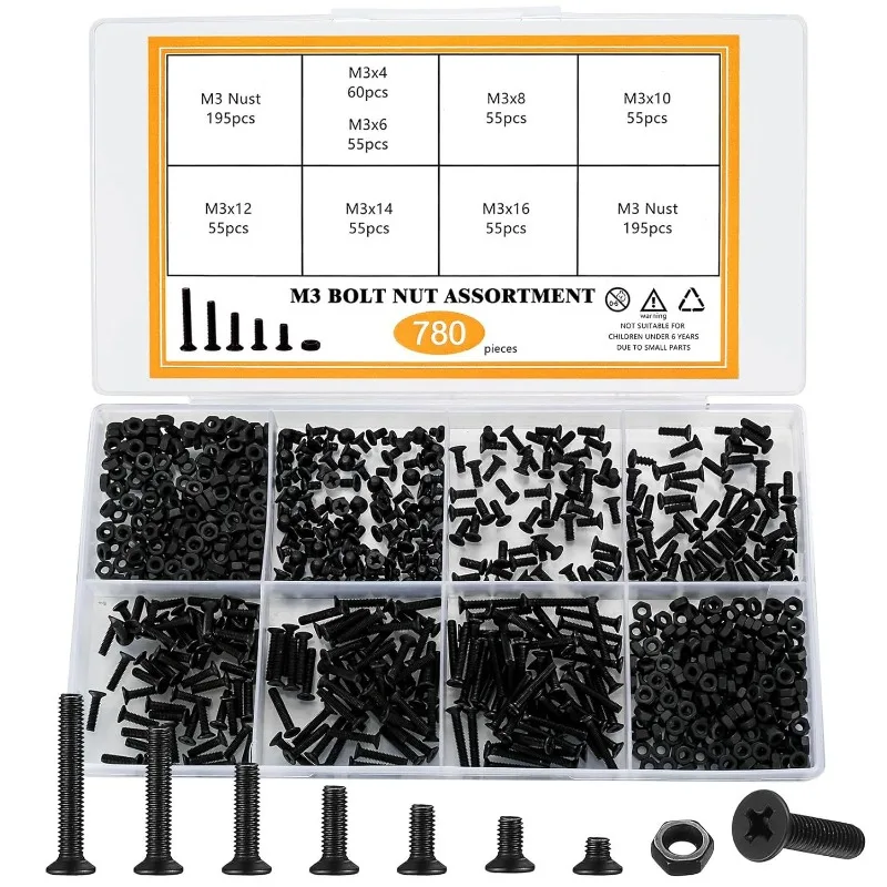 

BIESUO 780pcs black plus hard cross countersunk head small screws M3M4 set 440pcs cross notebook small screws KM