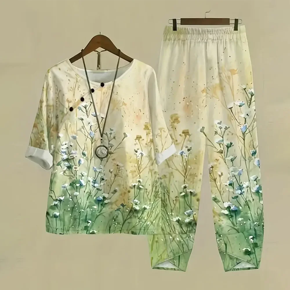 Summer 2 Piece Set Women Loose Short Sleeve Shirt Top High Waist Pants Flower Print Outfits Ladies Elegant Vintage Suit Fall