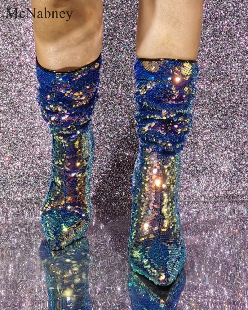 Sexy Fantasy Sequin Nightclub Style Fashion Bling Women Mid-Calf Boots Pointed Toe And Thin Super High Heels Slip-On Design