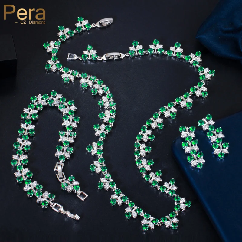 

Pera Exclusive Green CZ Zircon Leaf Shape Choker Necklace Earring Bracelet Jewelry Sets for Women Wedding Dress Accessories J383