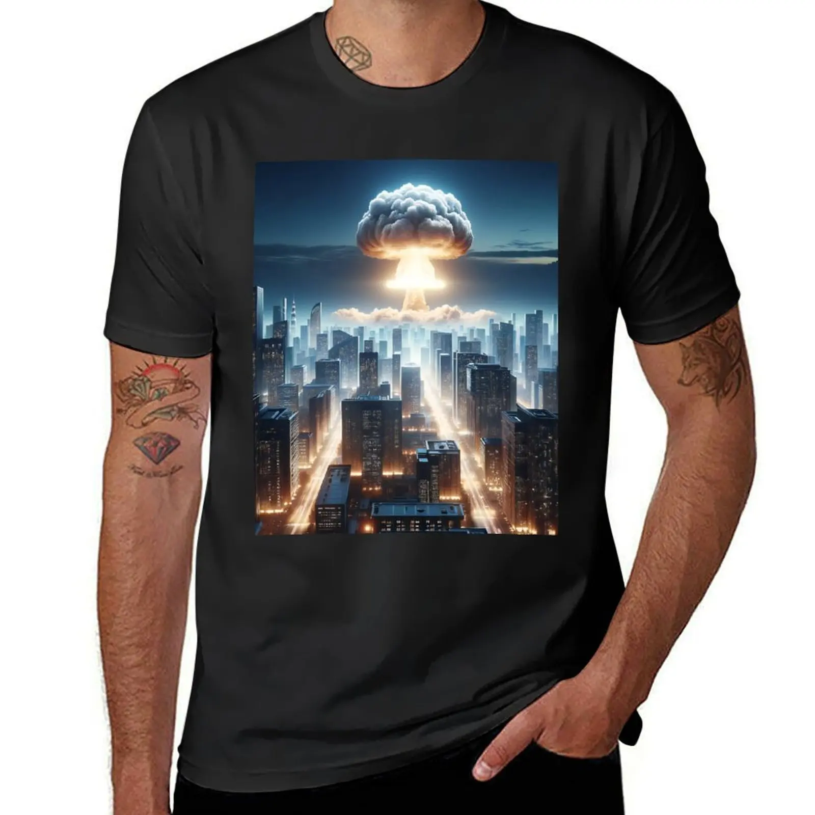 

Futuristic city with nuclear explosion at twilight. T-Shirt summer top summer tops Blouse funny t shirts for men