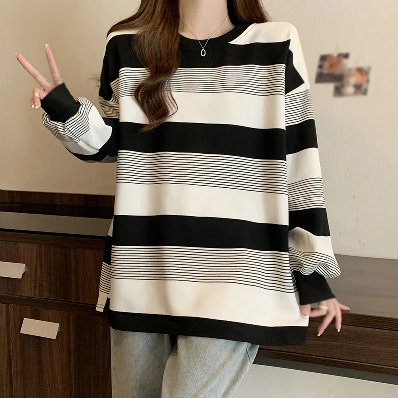 Womens Sweatshirts Stripped Long Sleeve Crew Neck Pullover Sweatshirt Casual trendy Ladies Blouses Tops