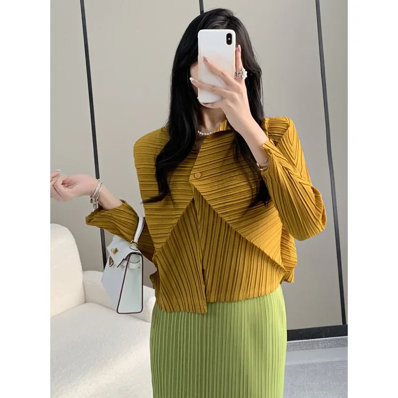 Miyake Slim Women's Shirt Korean Fashion Pleated Jacket 2024 Autumn and Winter New Commuter Peplum Long Sleeve Jacket