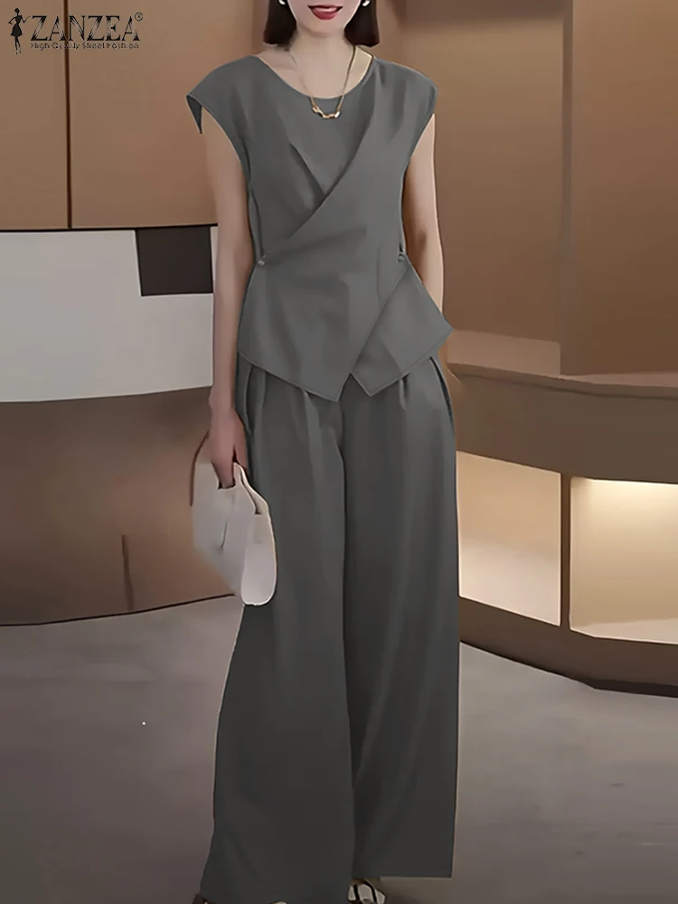 2025 ZANZEA 여름 바지 세트 2PCS Office 여성 의상 솔리드 워크 OL Tracksuits 우아한 민소매 블라우스 슈트 매칭 세트