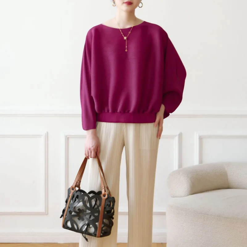 

Miyake плиссированный осенний новый женский топ с рукавами «летучая мышь», свободный темпераментный однотонный элегантный повседневный пуловер, рубашка, основа