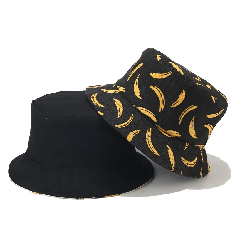 Doube Side Bucket Hat Men Women Summer Bucket Cap Banana Print Bob Unisex Hat Hip Hop Fishing Fisherman Hat