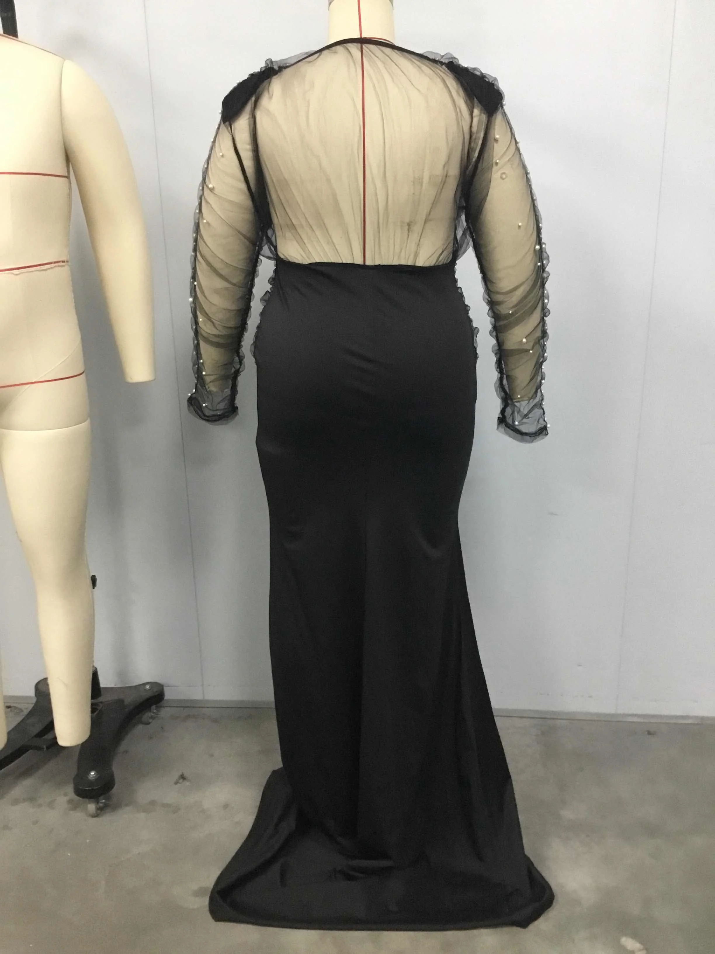 Frauen Plus Größe Pailletten Schlank Paty Club Elegante Langarm Geraffte Strass Perle Dekor Schlitz Zug Maxi Kleid Abendkleid