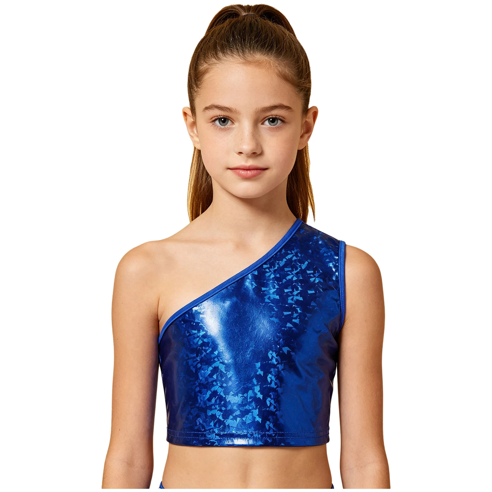 Kinder Jungen Ärmelloses Glänzendes Crop-Top Mädchen Hip-Hop Jazz-Tanz-Oberteil Einschultriges Metallic-Crop-Top Jazz-Tanz-Auftrittskostüm – Detail 6