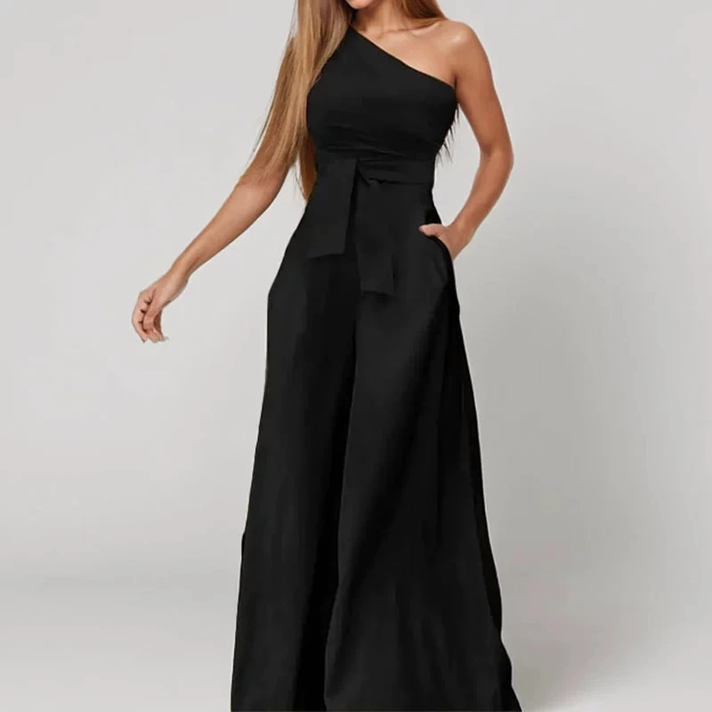 2026 New Summer Jumpsuit Women's Fashion Temperament Commuting Solid color Sloping Shoulder Strap Straight leg Jumpsuit