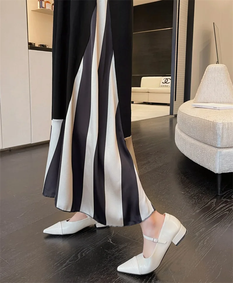 캐주얼 세련된 스트라이프 패치 워크 실크 벨벳 새틴 스트라이프 v 넥 반팔 드레스 여름 여성 드레스 가짜 2 피스 맥시 드레스