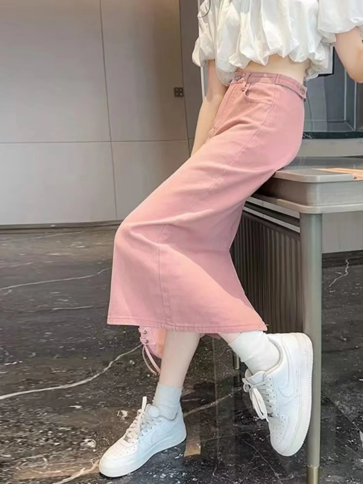 

Pink Slit Denim Skirt Women's Summer New Fre Youth Pear High Waist Slim A-Line Midi Skirt Commute Zipper Design Jeans