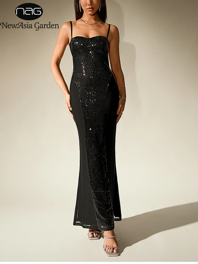 

NewAsia Women's Sparkle Sequin Mesh Evening Gown Adjustable Straps Deep Backless Built-in Cups Double Layer Elrgant Long Dress