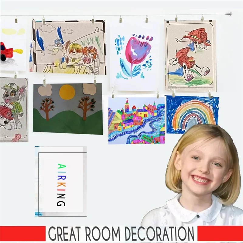 

Система отображения детских произведений искусства — регулируемый самоблокирующийся провод длиной 6,5 футов с 30 зажимами для искусства, штор и многого другого