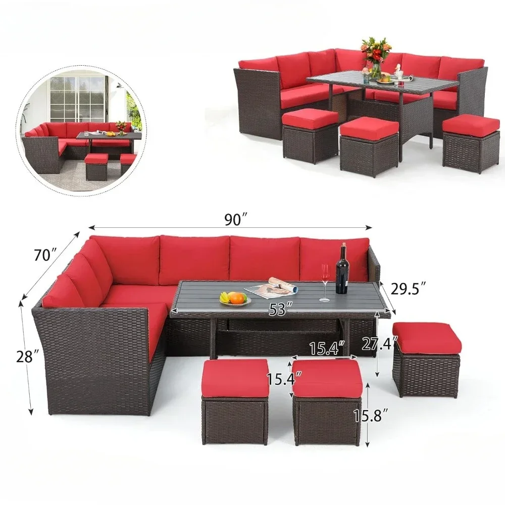 Set furnitur teras 7 buah, Set percakapan Sofa bagian luar ruangan, semua cuaca anyaman rotan meja makan & kursi