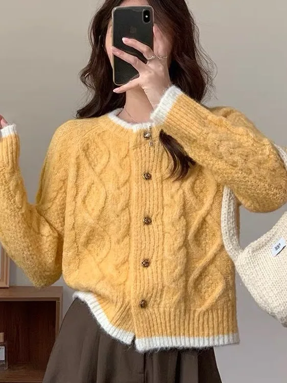 Soft Cr Knitted Open Cardigan Women's round Ne Mouton Lazy Sweater Jaet Spring Autumn Loose Fit Single Button Closure