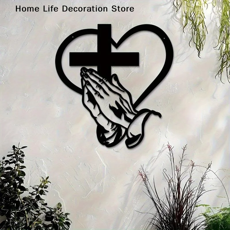 1Piece Cast Iron Cross Art, Modern Religious Metal Wall Decor, Praying Hands Design, Easy to Hang, Perfect for Living Room Gifts