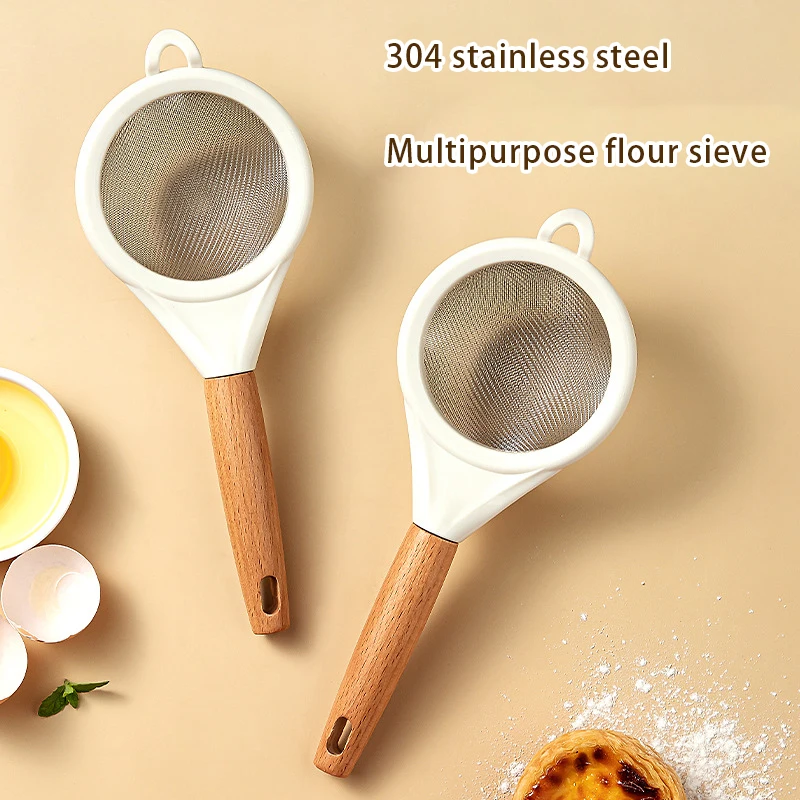 

Stainless Steel Colanders Wooden Handle Flour Sieve Fruit Juice Soya Milk Filter Screen Kitchen Household Baking Tools Wholesale