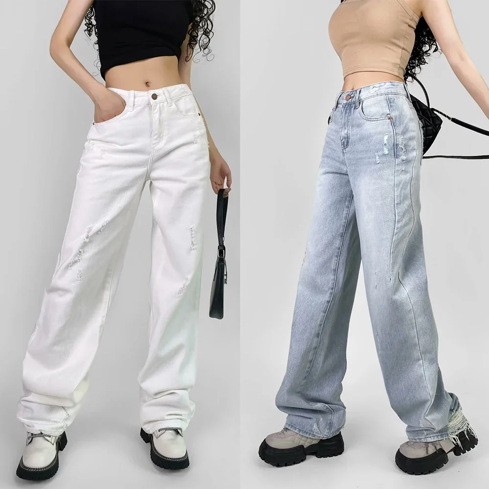 Multi Colors Classic Ripped Wide Leg Jean Pants Women's Casual Female Bleached Straight Denim Trousers Full Length Slouchy Jeans