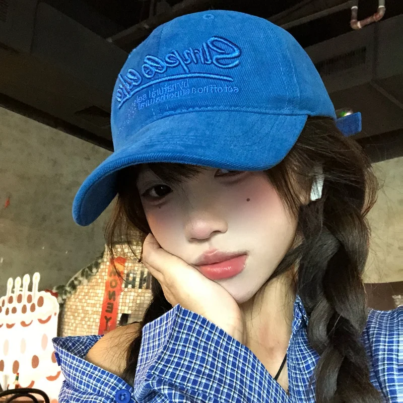 Blue Wide Brim Baseball Cap Letter Embroidery for Men Women Korean Style Sun-Shading Face Enhancing Big Head Circumfere