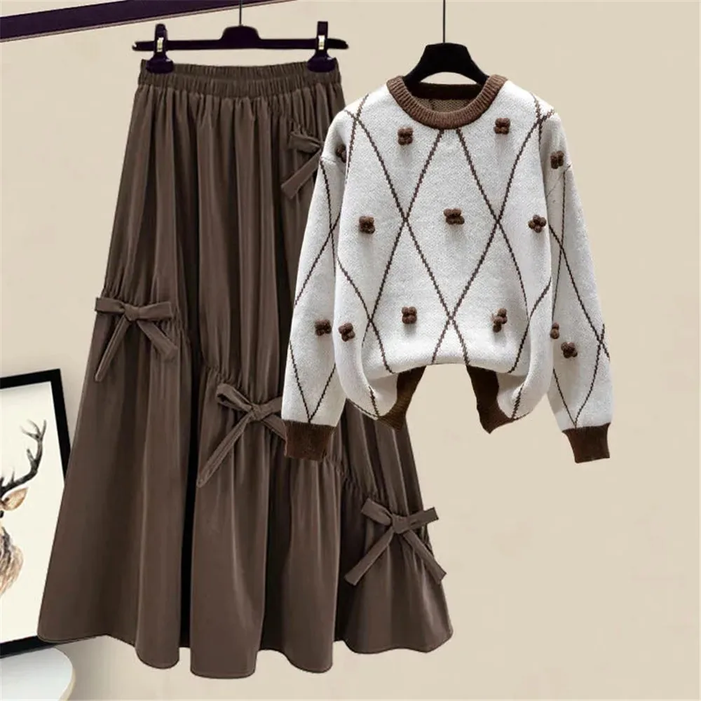 Women'S Oversize 4xl Winter Suit Loose Flower O-Neck Long-Sleeve Sweater + High Waist Brown Bow Pleated Skirt Korean 2pcs Set