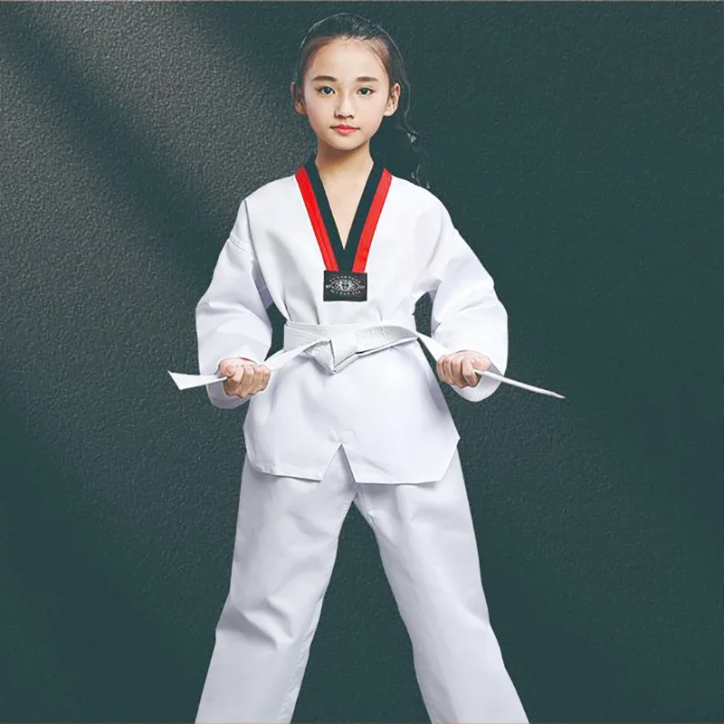 TKD 의상, 흰색 태권도 유니폼, WTF 가라테 유도 도복, 어린이, 성인, 긴 소매 기 유니폼 TKD 의상, 흰색 태권도 유니폼, WTF 가라테 유도 도복, 어린이, 성인, 긴 소매 기 유니폼