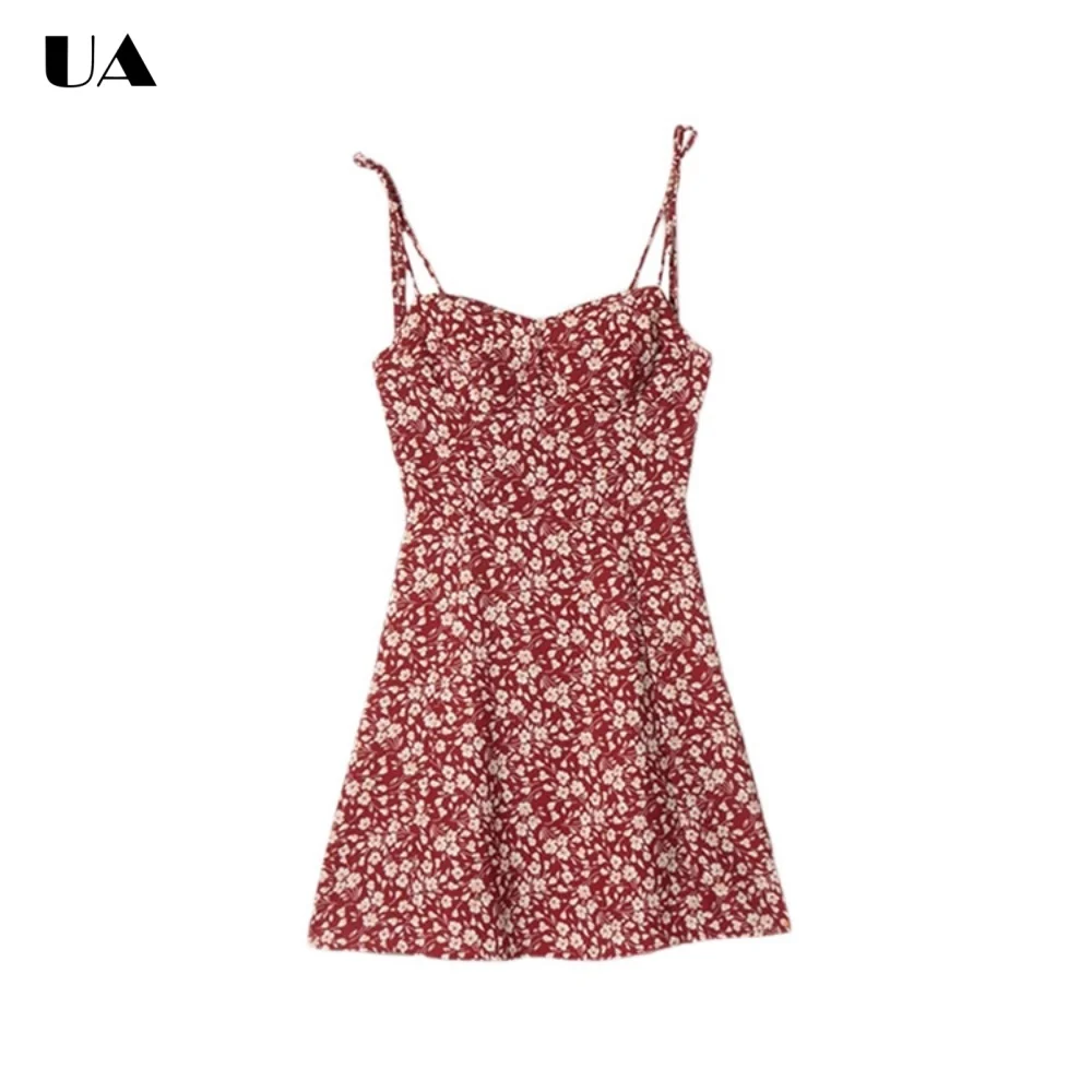 

Trendy Flower Printed Fit-and-flare Mini Dress with Spaghetti Strap Sweet Ruched Short Dress for Woman Fashionable Zipped Dress
