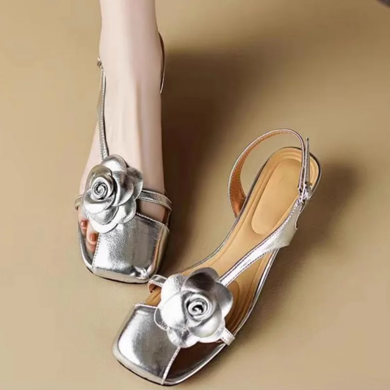 New Design Summer Women Sandals Half Cover Toe Genuine Leather Square Toe Flower Buckle Strap Empty Back Med Heels Shoe