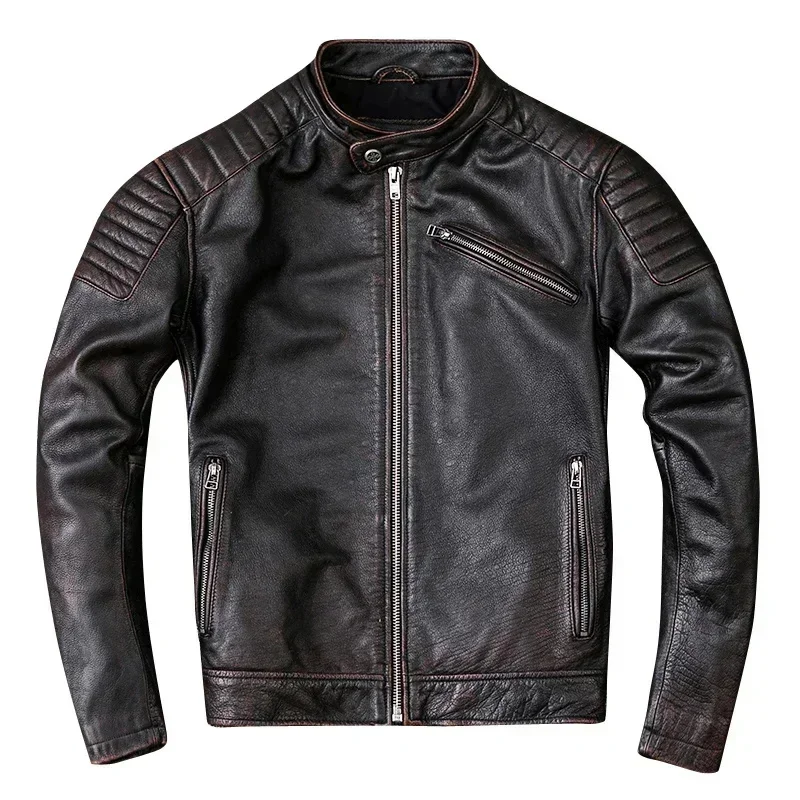 Vintage Leather Jacket Men 100% Genuine Cowhide Black Moto Biker Clothing Man Coat Boy Slim Autumn Asian Size M104