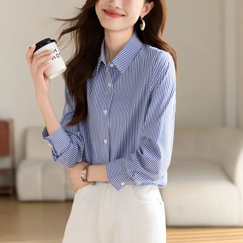 

Vintage Women's Blouses Striped Casual Shirts Fashion Loose Summer Clothing Long Sleeved Korean Chiffon Women Tops