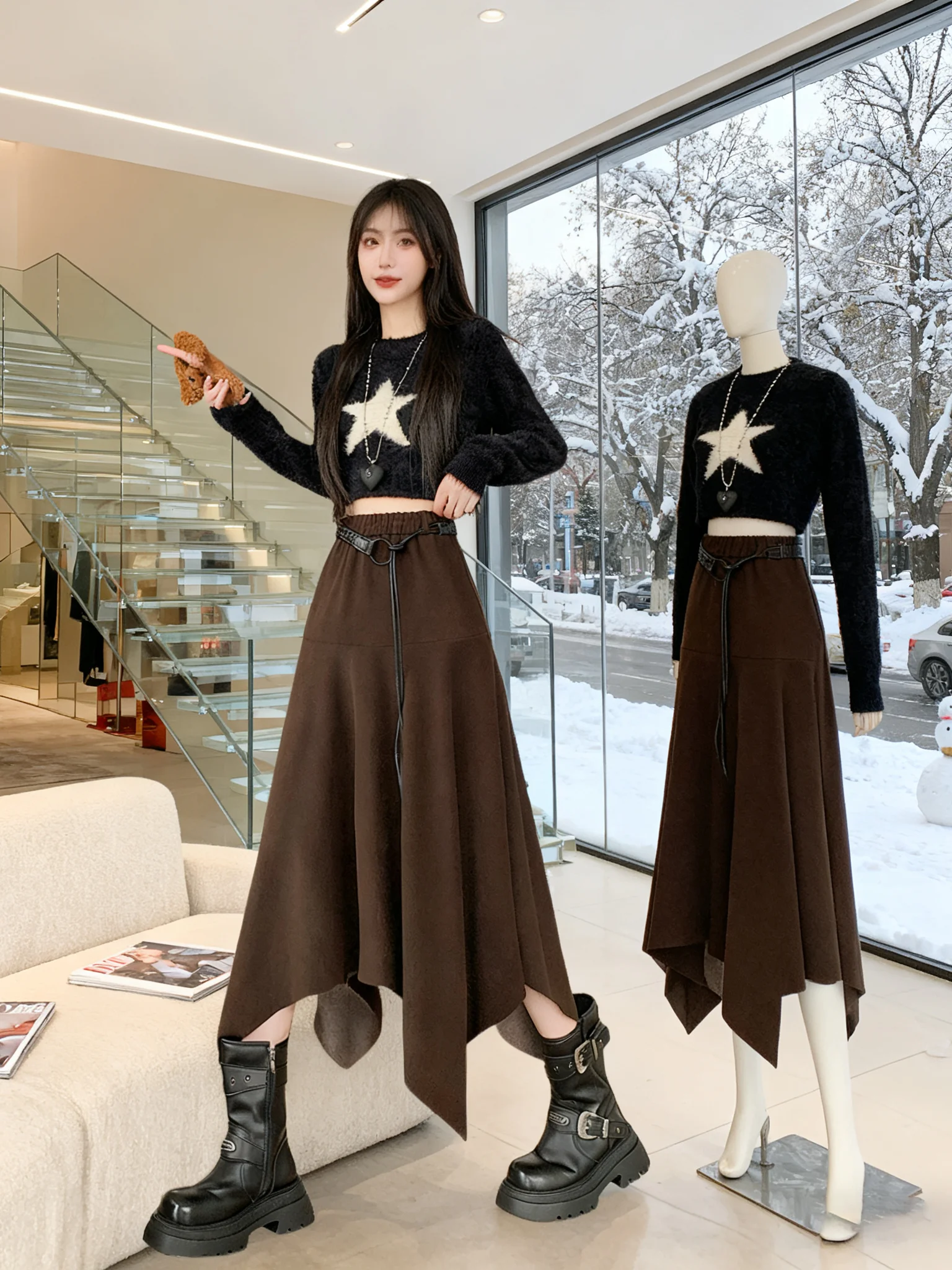 

Длинная юбка миди А-силуэта с высокой талией, асимметричным подолом, облегающая, из шерсти, для женщин, осенне-зимняя