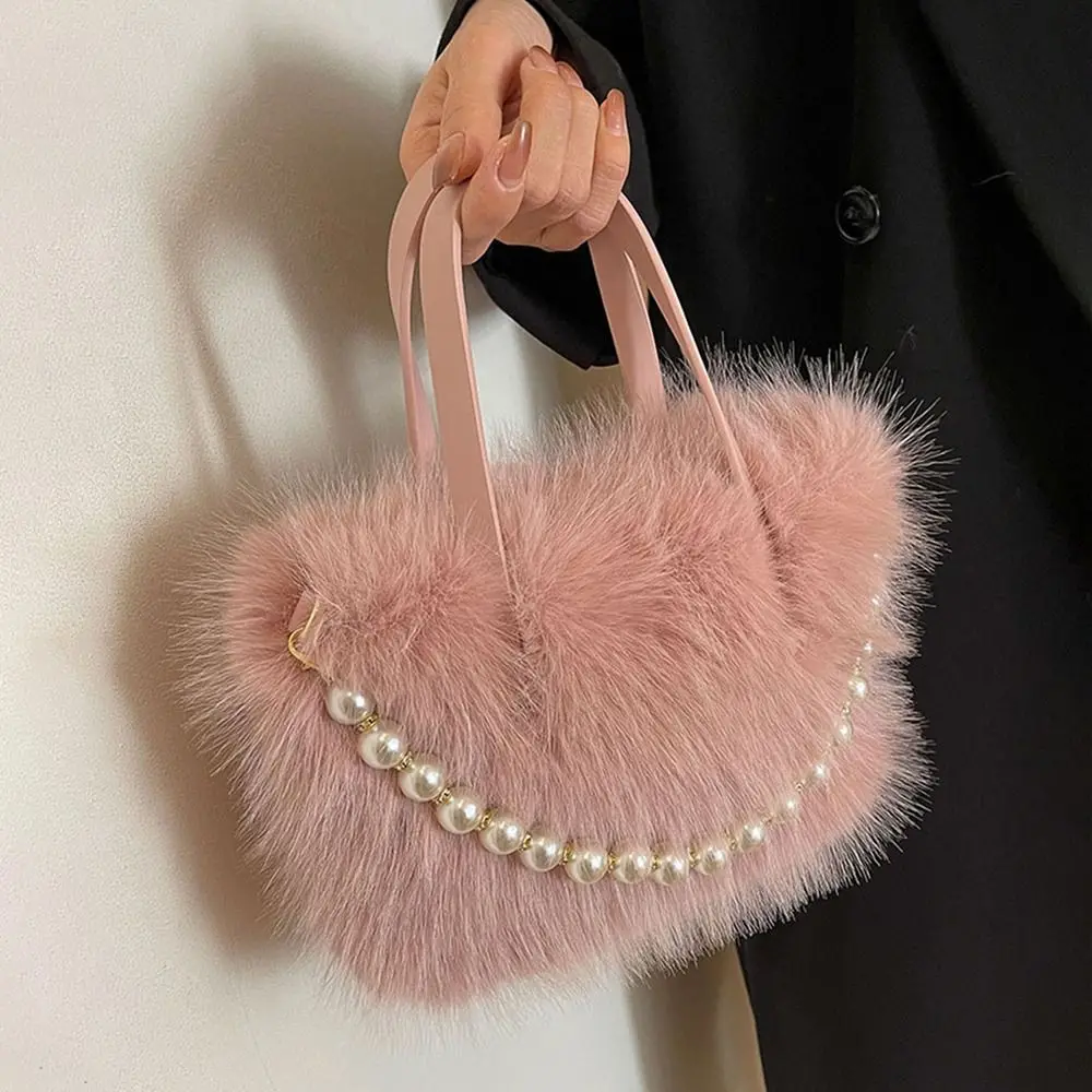 Women Girls Pearl Chain Faux Fur Handbag Trendy Long Plush Shoulder Messenger Bag Fashion Female Furry Large Capacity Tote Bag