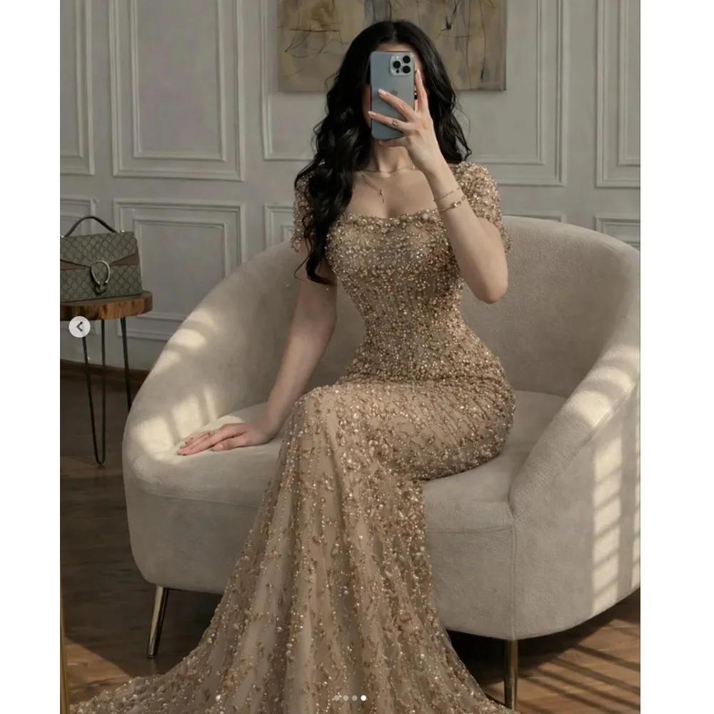Charming Shiny Evening Dresses Woman's Mermaid Prom Gowns Short  Sleeve Sequined Fashion Beach Party Customized Vestidos De Noch