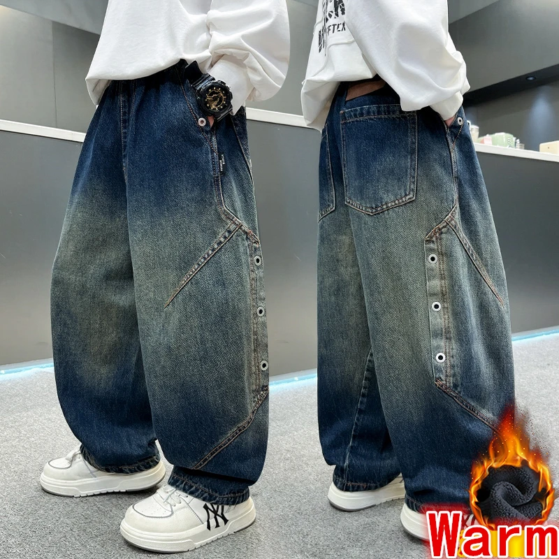 

New Winter Children Insulated Baggy Jeans for Boy Stylish Thermal Denim Pants Kids Fashion Street Thick Warm Trousers 5-14 Years