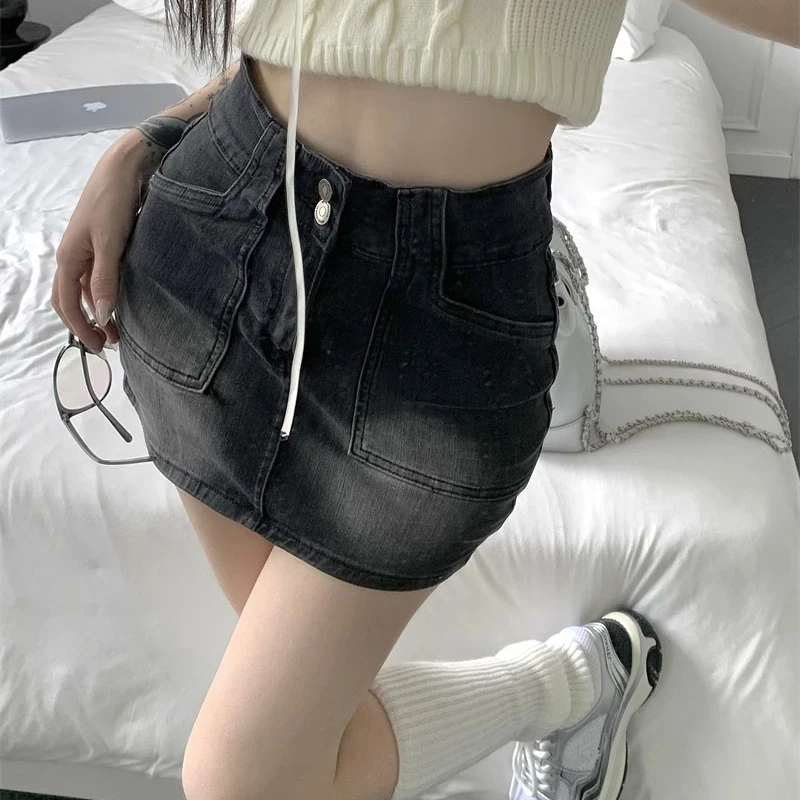 Women High Waist Gothic Streetwear Skirts Jeans Girls Vintage Denim Mini Dress Female Preppy Style Blue Black Straight Skirts