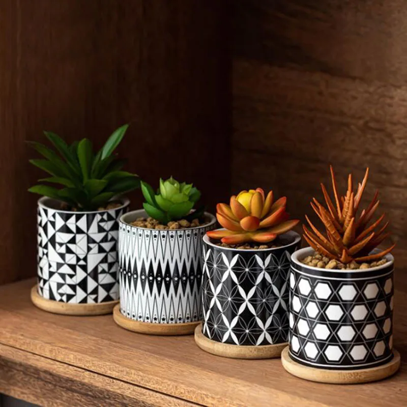 Porcelain Vase Creative Geometry Pattern Cylindrical Succulent Plant Pot Flowerpot Breathable Pot with A Hole Desktop Ornaments