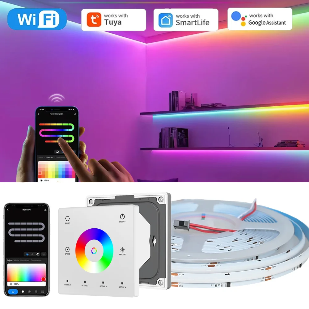 10m 20m Tuya WiFi COB RGBIC Led Strip 24V Dream Color Flowing Room Party Lighting Decor RF Touch Remote F Alexa Google Assistant