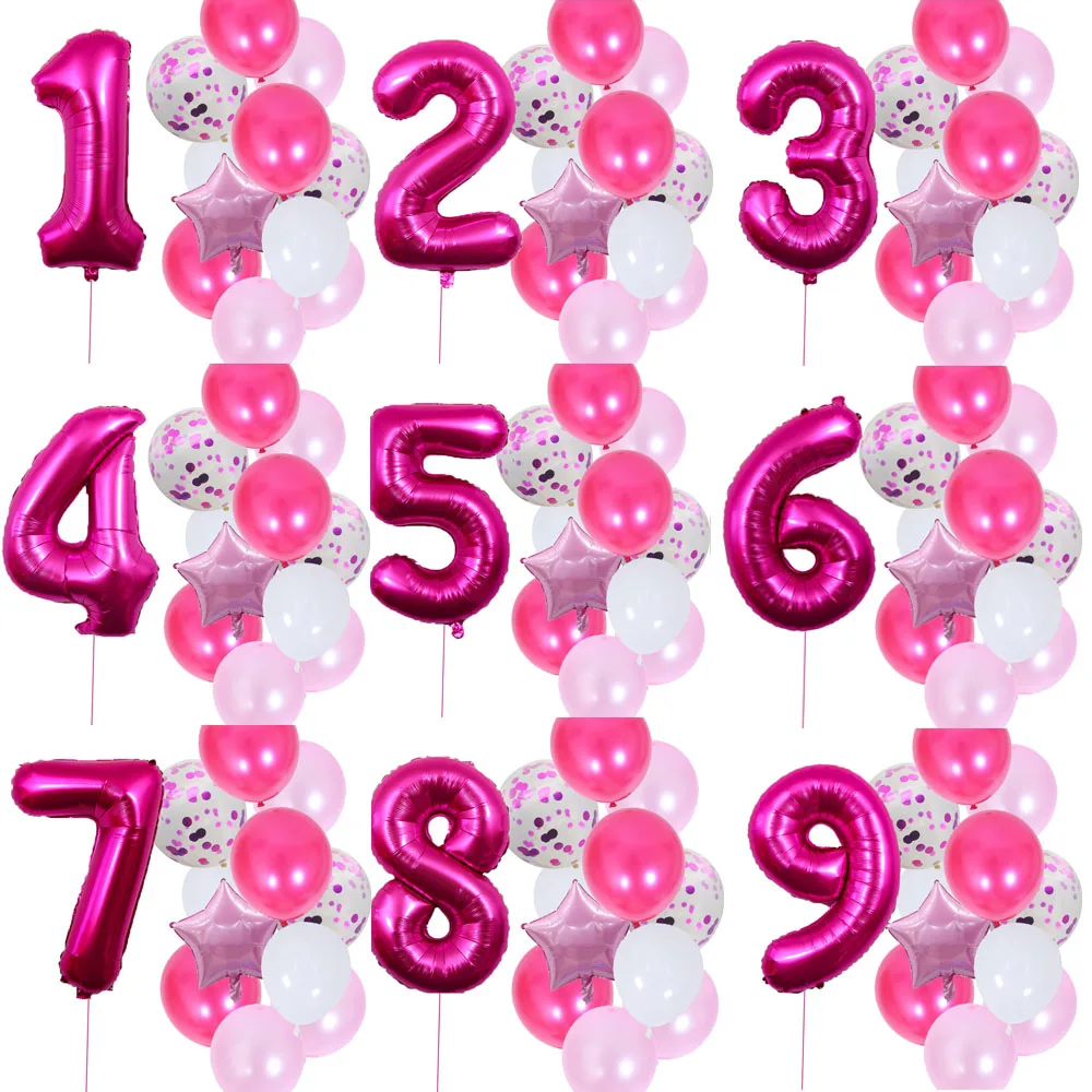 12pcs Girl Birthday Balloons Pink Latex Confetti Number Balloons Birthday Party Decoration Kids 1 2 3 4 5 6 7 8 9 10 Years Old