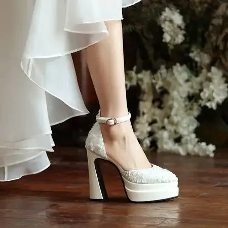 

2025 Blingbling Gold Glitter Sandals Women Super High Heels Ankle Buckle Pumps Platform Shoes Ladies Wedding Party