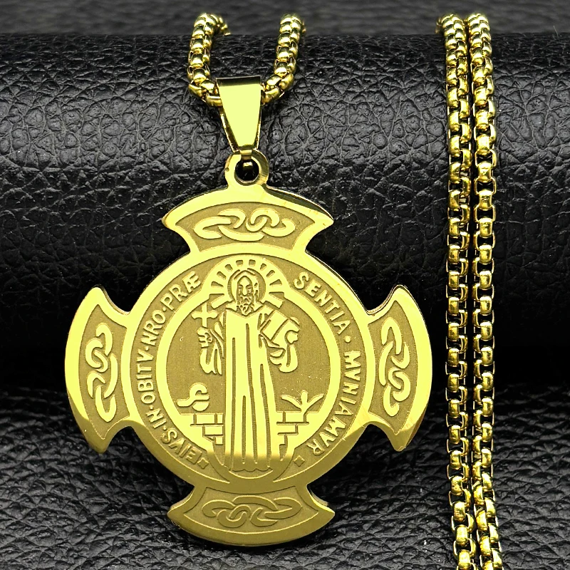 Catholic Saint Benedict Medal Stainless Steel Cross Necklace for Women Men Gold Color Chain Amulet Jewelry Gift san benito - view 4