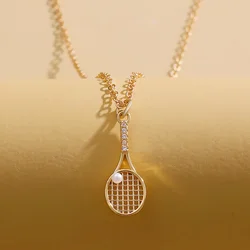 Exquisite Pearl Tennis Racket Necklace for Women Girls Zircon Tennis Racquet Charm Clavicle Chain Jewelry Accessories Gifts 2023