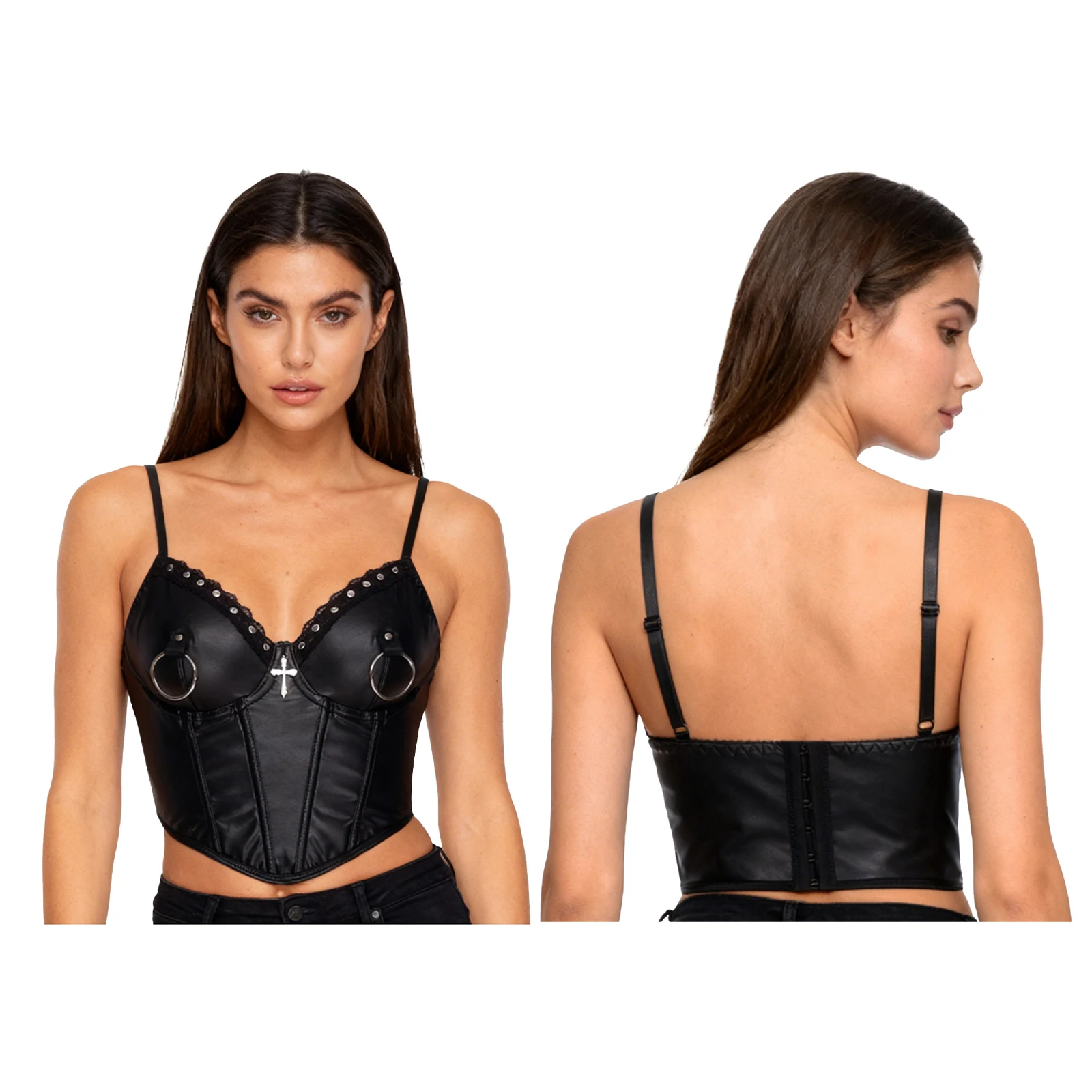 Women Cool Punk PU Leather Corset Bustier Rivets Cross And O-ring Decor Push-up Bra Boned Cropped Camisole Gothic Party Bar Tops