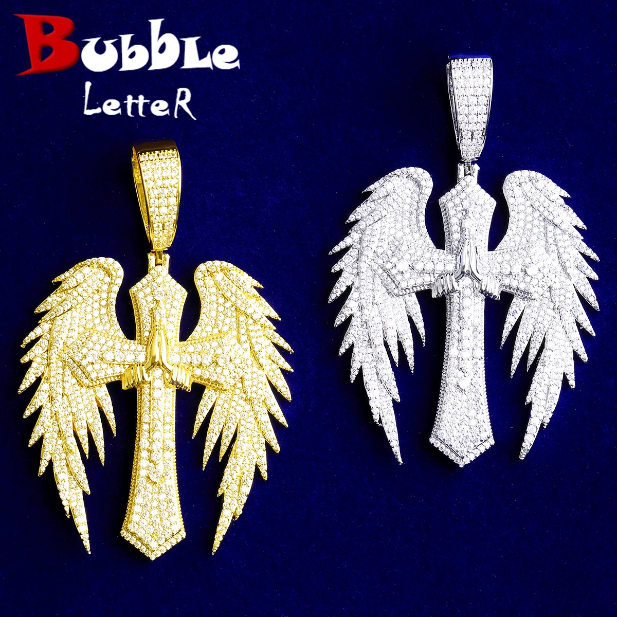 

Bubble Letter Iced Out Hero Allen Wing Cross Necklace Pendant for Men Real Gold Plated Cubic Zirconia Hip Hop Jewelry