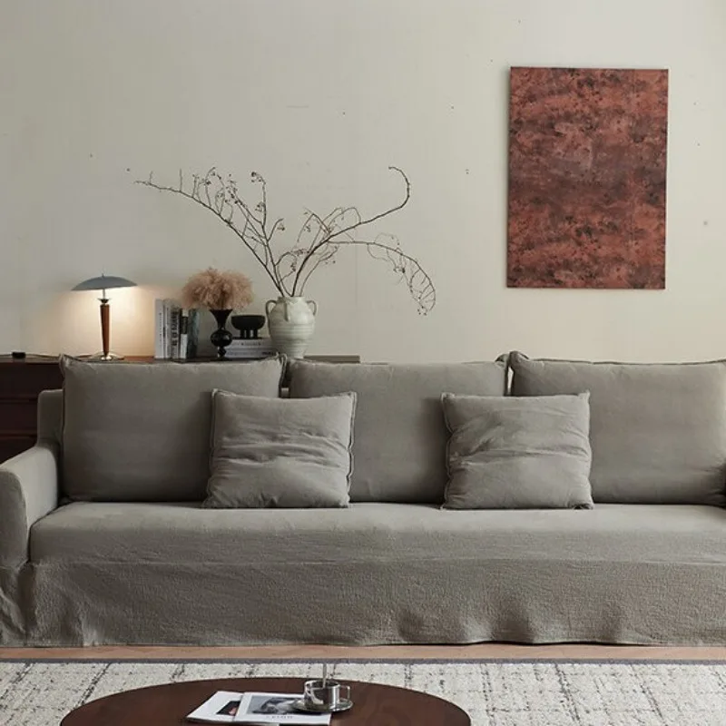 Fabric sofa, retro fabric cotton and linen surprise, removable and washable living room small apartment straight-row sofa